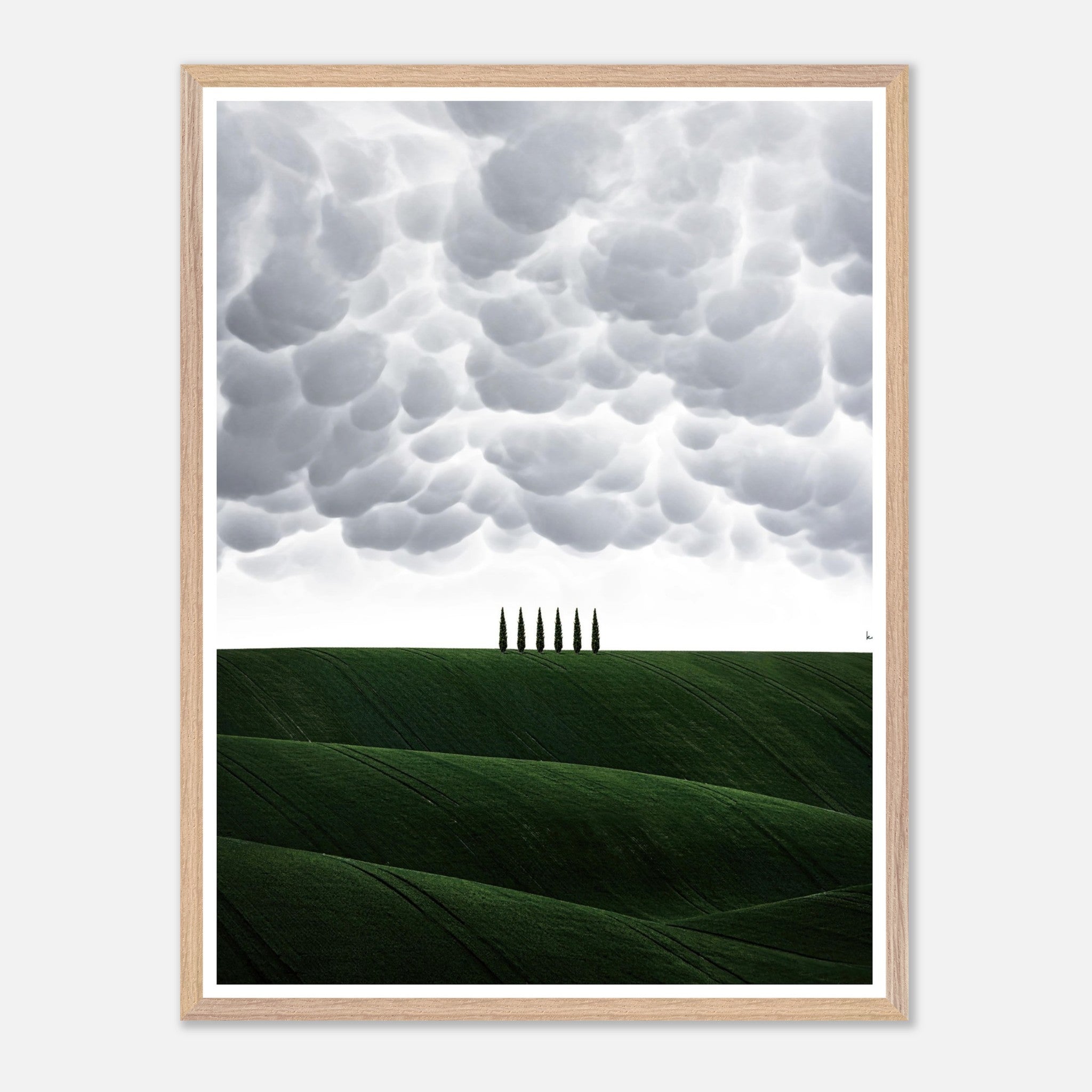 Vintage framed art of Tuscany depicting rolling green hills and cypress trees under a dramatic cloudy sky.