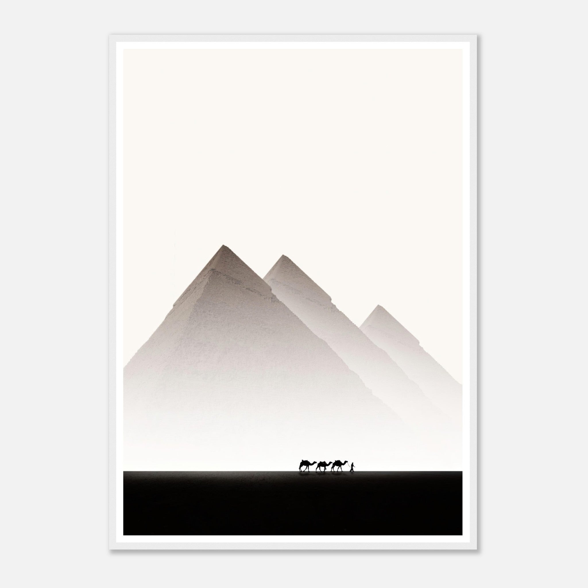 Framed print of Pyramids of Giza with silhouettes of camels against a minimalist desert backdrop.