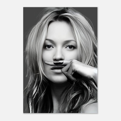 Kate Moss Mustache poster featuring a playful hand-drawn mustache on a black and white image of the fashion icon.