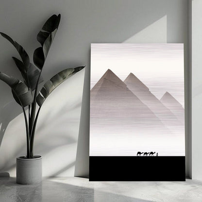 Minimalist artwork of the Pyramids of Giza in brushed metal texture, featuring camels against a soft gradient background.