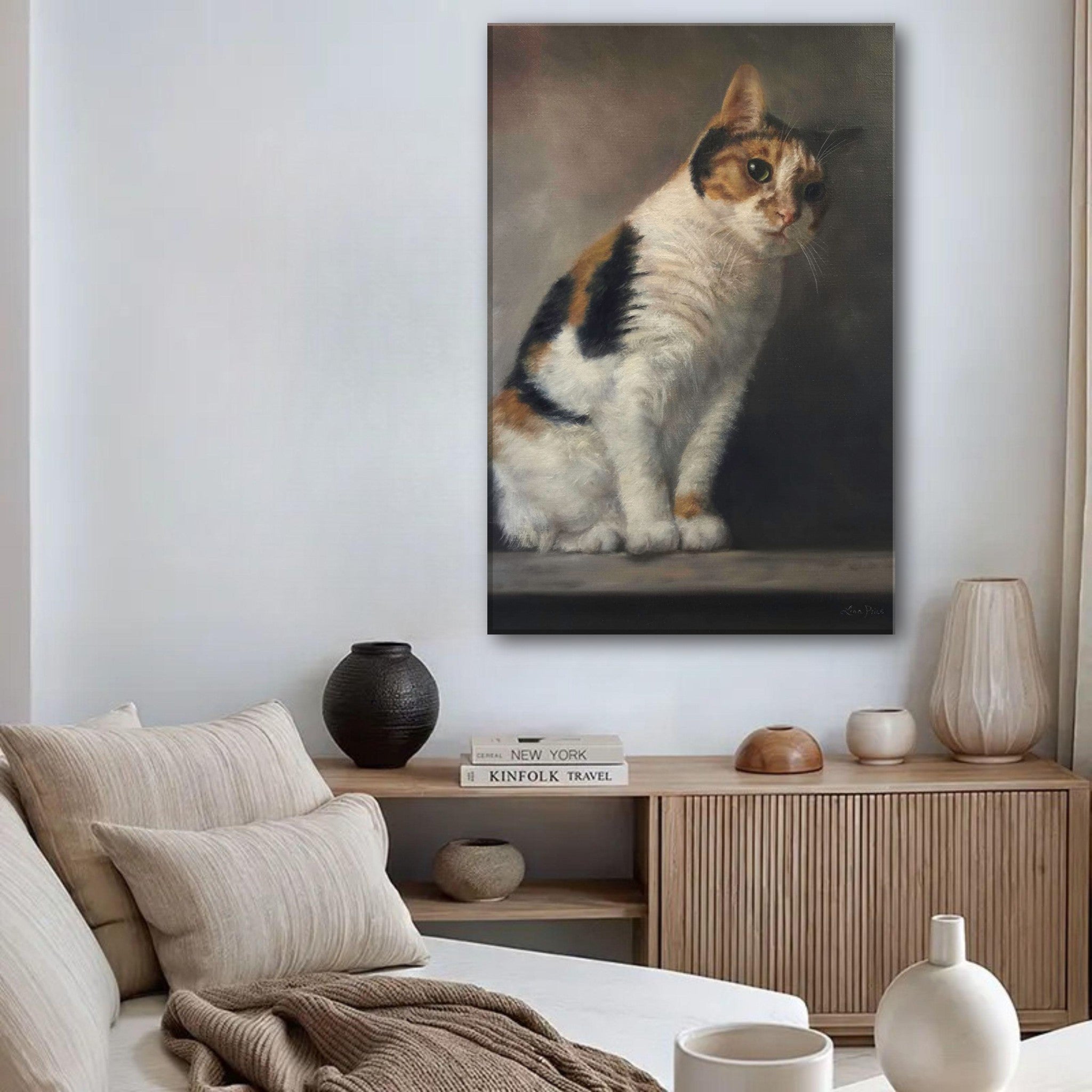Realistic cat portrait painting canvas print, featuring a majestic feline in a modern living room setting.