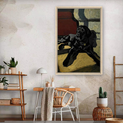 Black Labrador dog painting framed canvas print, showcasing warmth and loyalty in a cozy living space.