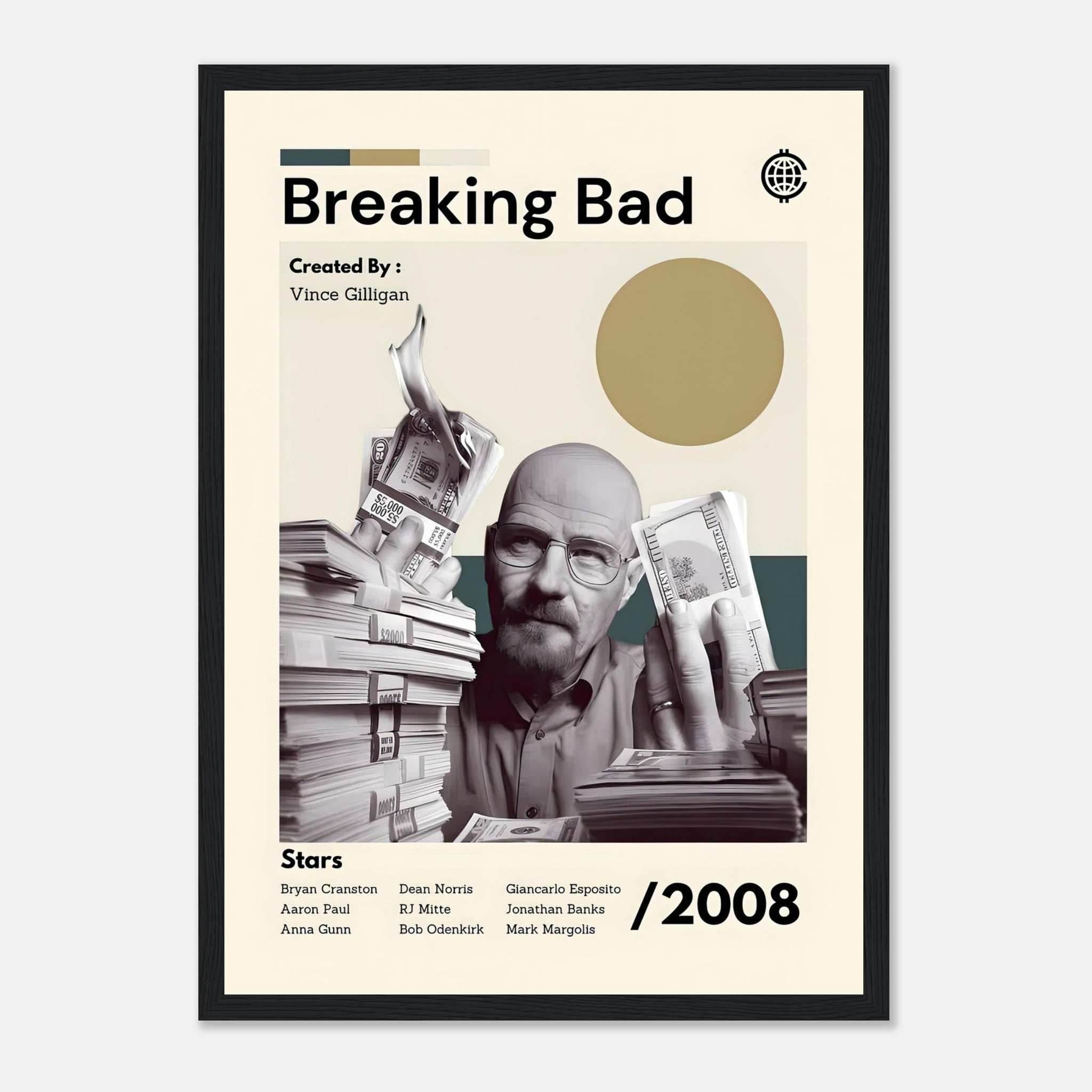 Framed print of Breaking Bad featuring Walter White, created by Vince Gilligan, showcasing iconic moments from the series.