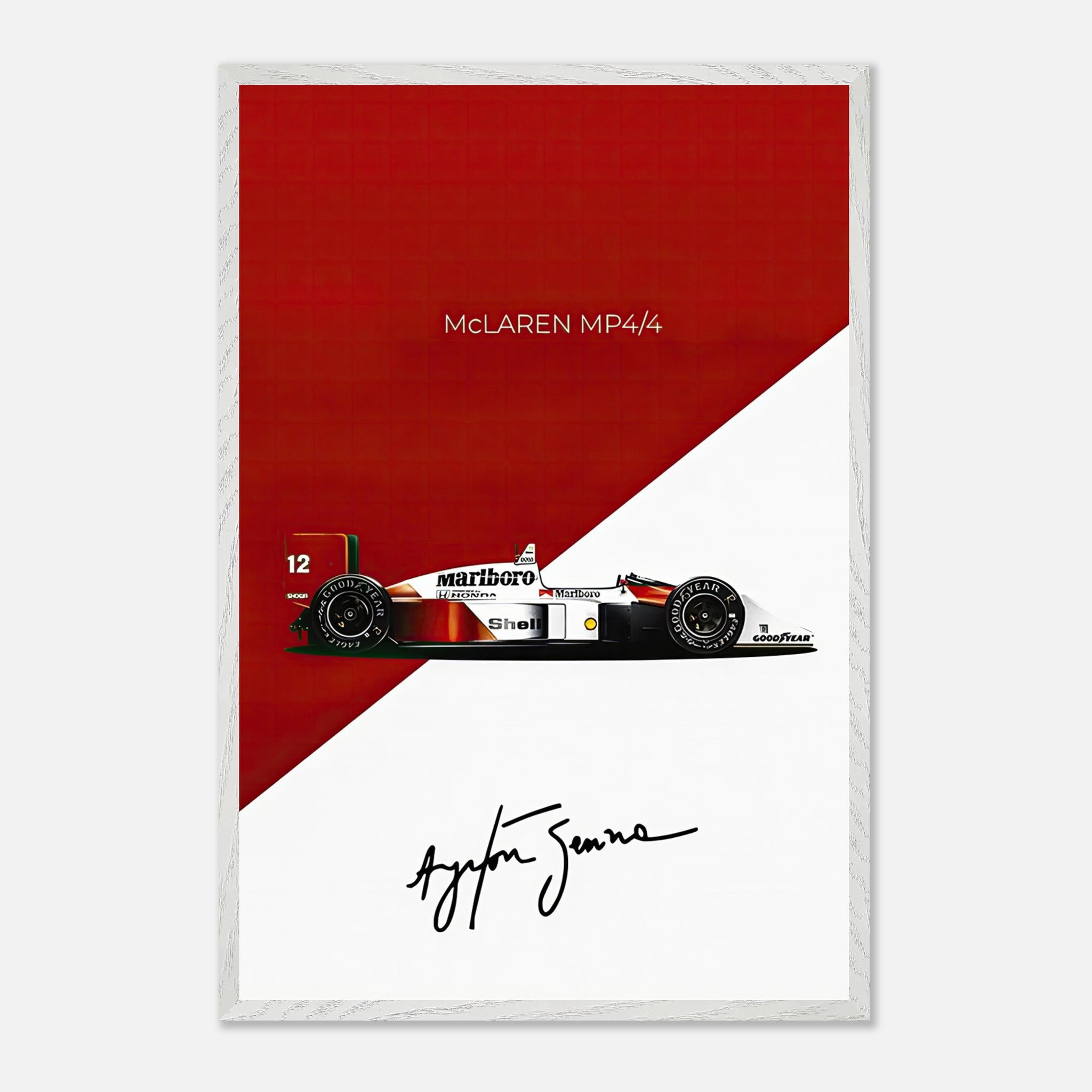 Vintage framed print of Ayrton Senna's McLaren MP4/4, featuring bold red and white design elements.