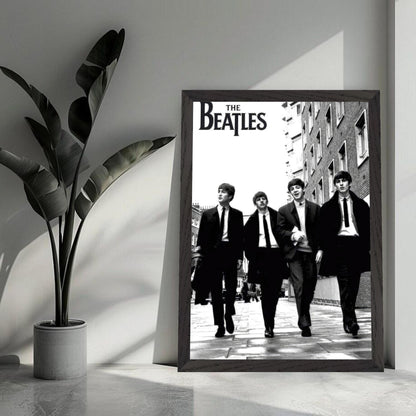 Vintage framed print of The Beatles walking in black and white, perfect for music lovers and home decor.