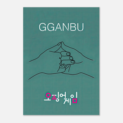 GGANBU Squid Game poster featuring minimalist artwork of a handshake on a teal background, symbolizing friendship.