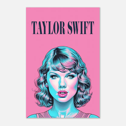 Taylor Swift pop art metal print featuring vibrant pink and teal hues, showcasing a bold and modern design.