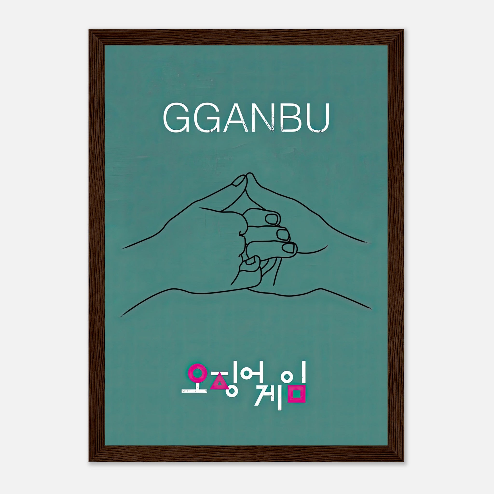 GGANBU Squid Game framed print featuring minimalist design of the iconic handshake against a teal background.