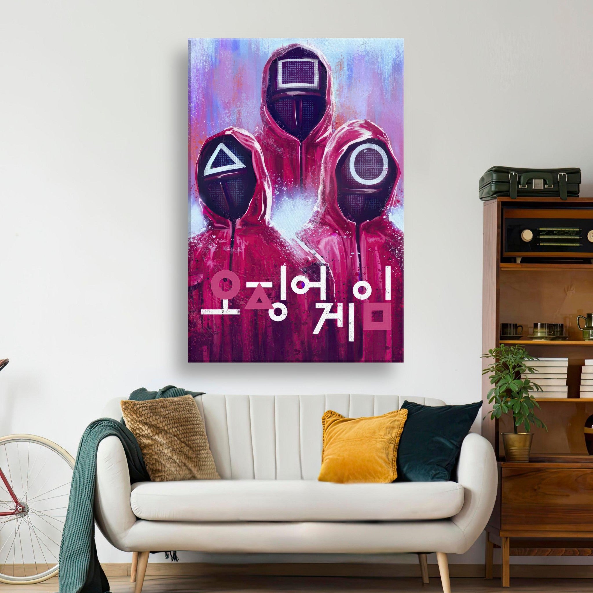 Squid Game canvas print featuring masked characters and Korean text, enhancing modern home decor with vibrant colors.