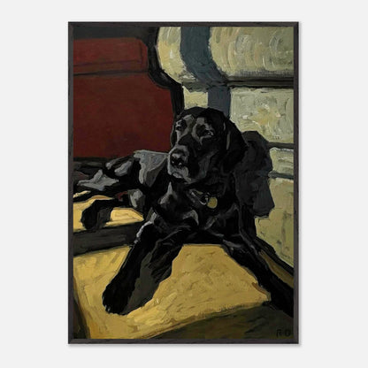 Black Labrador dog painting, fine art, featuring a Labrador lounging in natural light, exuding calm and devotion.