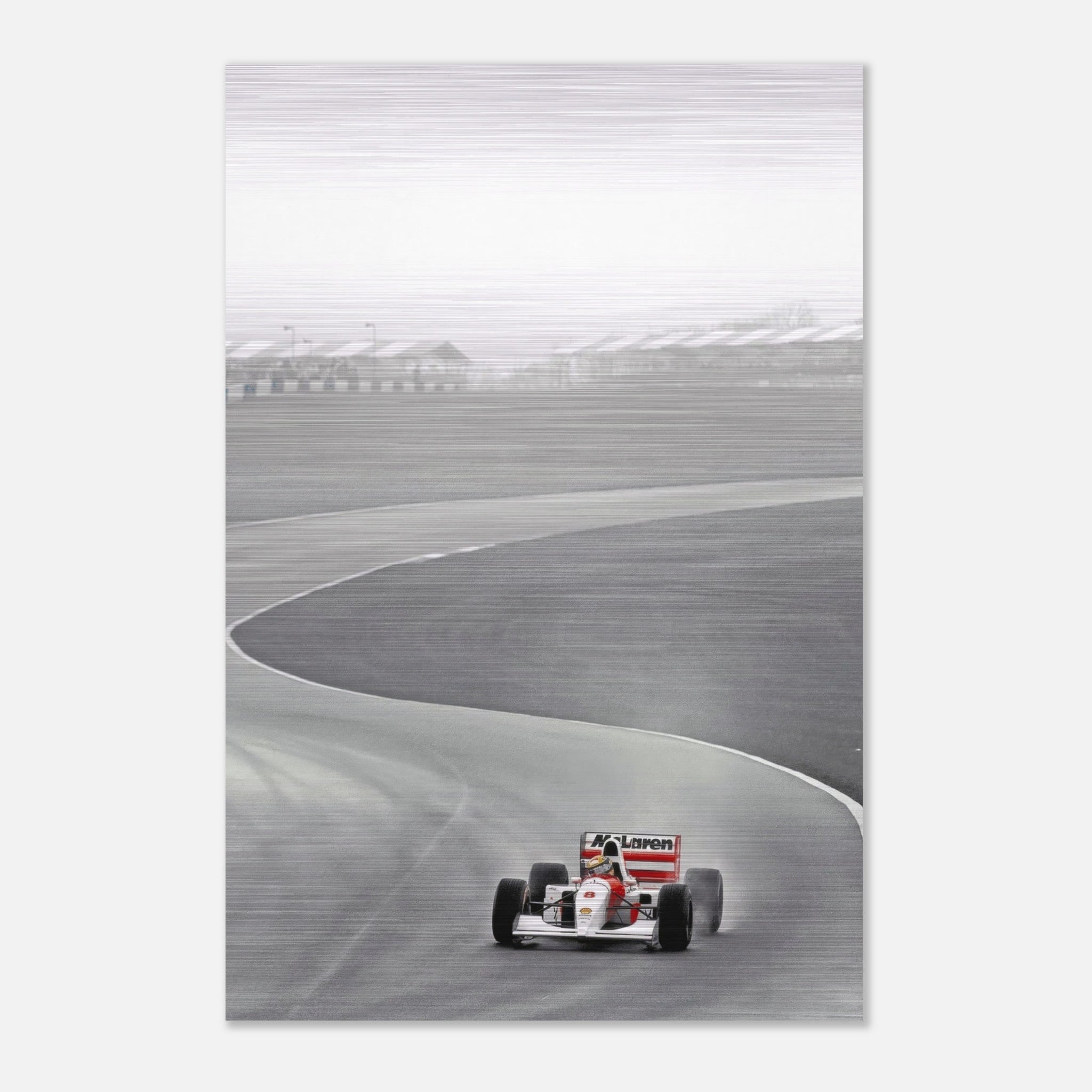 1988 McLaren F1 car driven by Ayrton Senna on track, printed on brushed metal for a sleek finish.