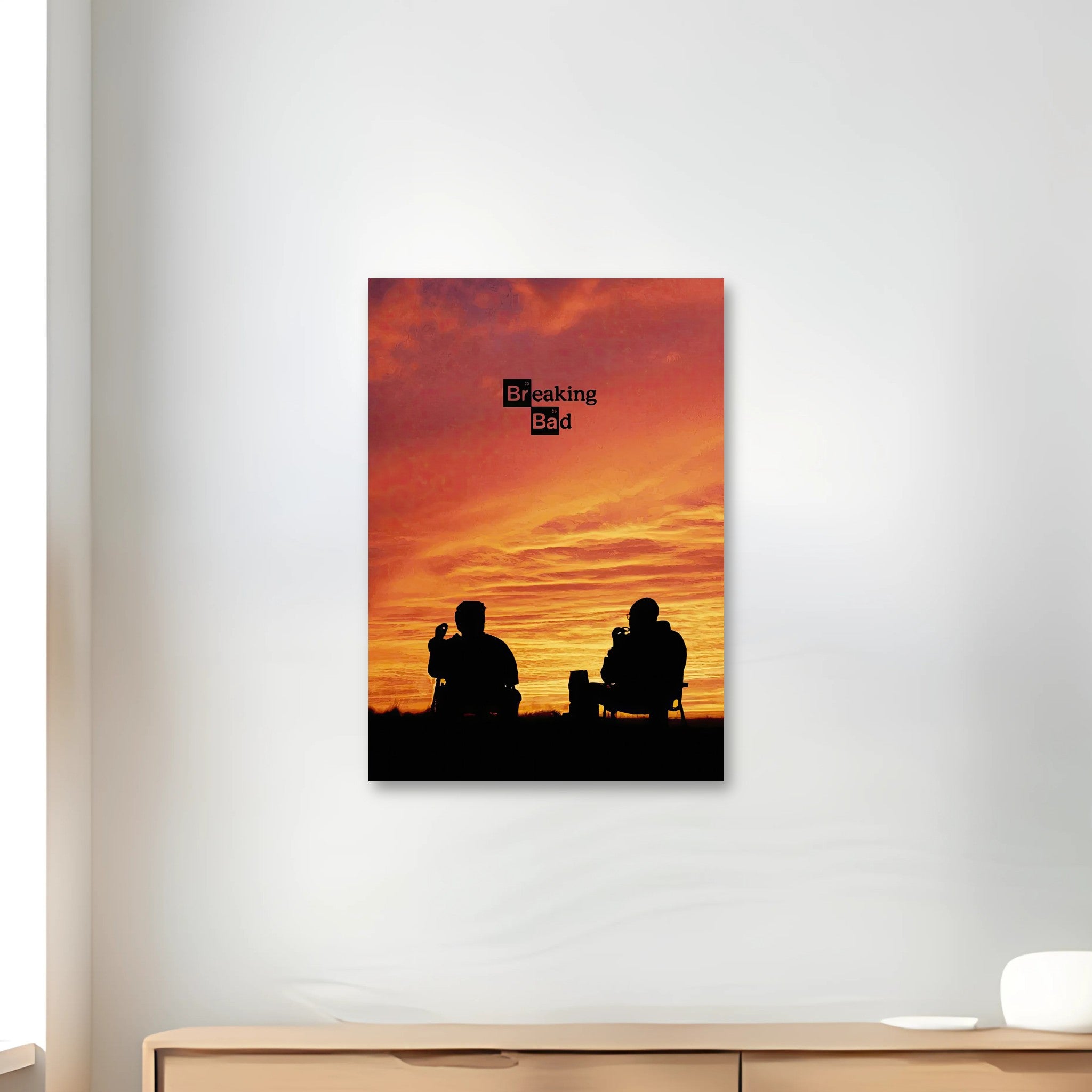 Breaking Bad poster featuring silhouettes against a vibrant sunset, perfect for fans of the iconic TV drama.