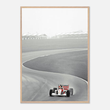 1988 Ayrton Senna McLaren MP4/4 racing on a track, framed Giclée fine art print capturing speed and precision.