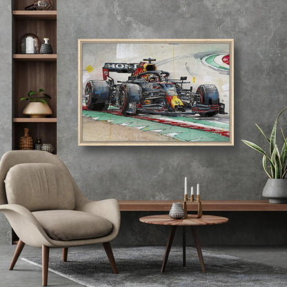 Framed canvas print of Max Verstappen racing in his Red Bull car, displayed in a stylish living room setting.