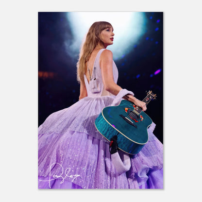 Taylor Swift holding her teal guitar in a stunning lavender gown, captured in vibrant colors on a high-quality poster.