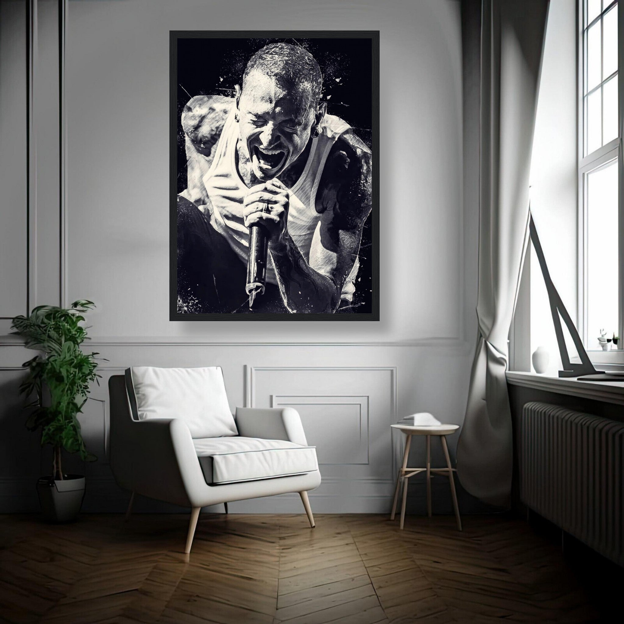 Framed Chester Bennington print poster in black-and-white, showcasing his powerful stage presence.