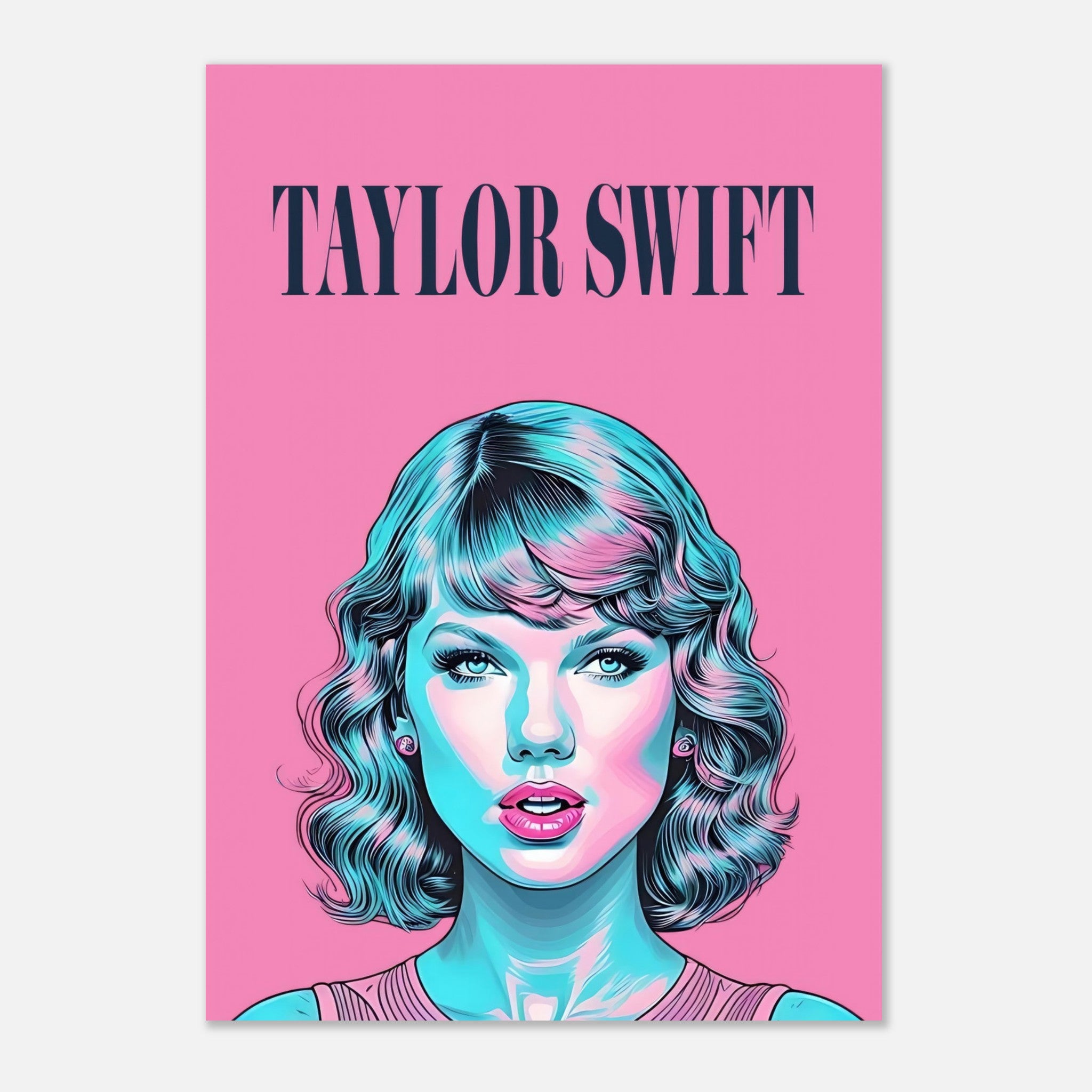 Taylor Swift pop art poster with vibrant pink background and bold colors, perfect for fans and art lovers.