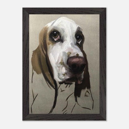 Vintage framed print of a Basset Hound dog painting showcasing soulful expression and warm colors.