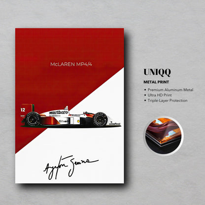 Ayrton Senna McLaren MP4/4 metal print featuring sleek design and vibrant colors, perfect for motorsport enthusiasts.