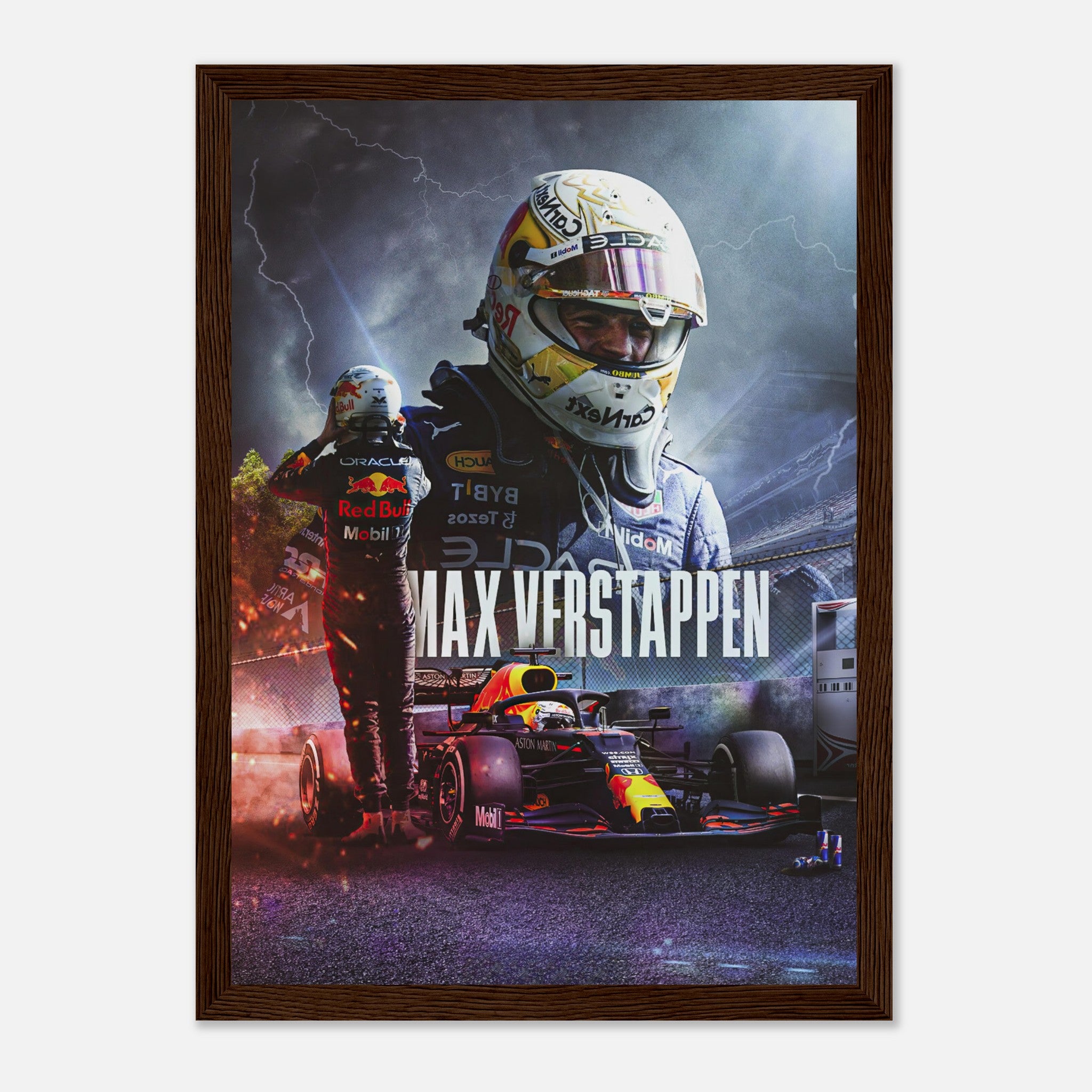 Framed print of Max Verstappen in Red Bull Racing gear, showcasing his dynamic performance in Formula 1.