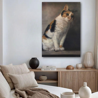 Realistic cat portrait painting on brushed metal displayed in modern living room decor.