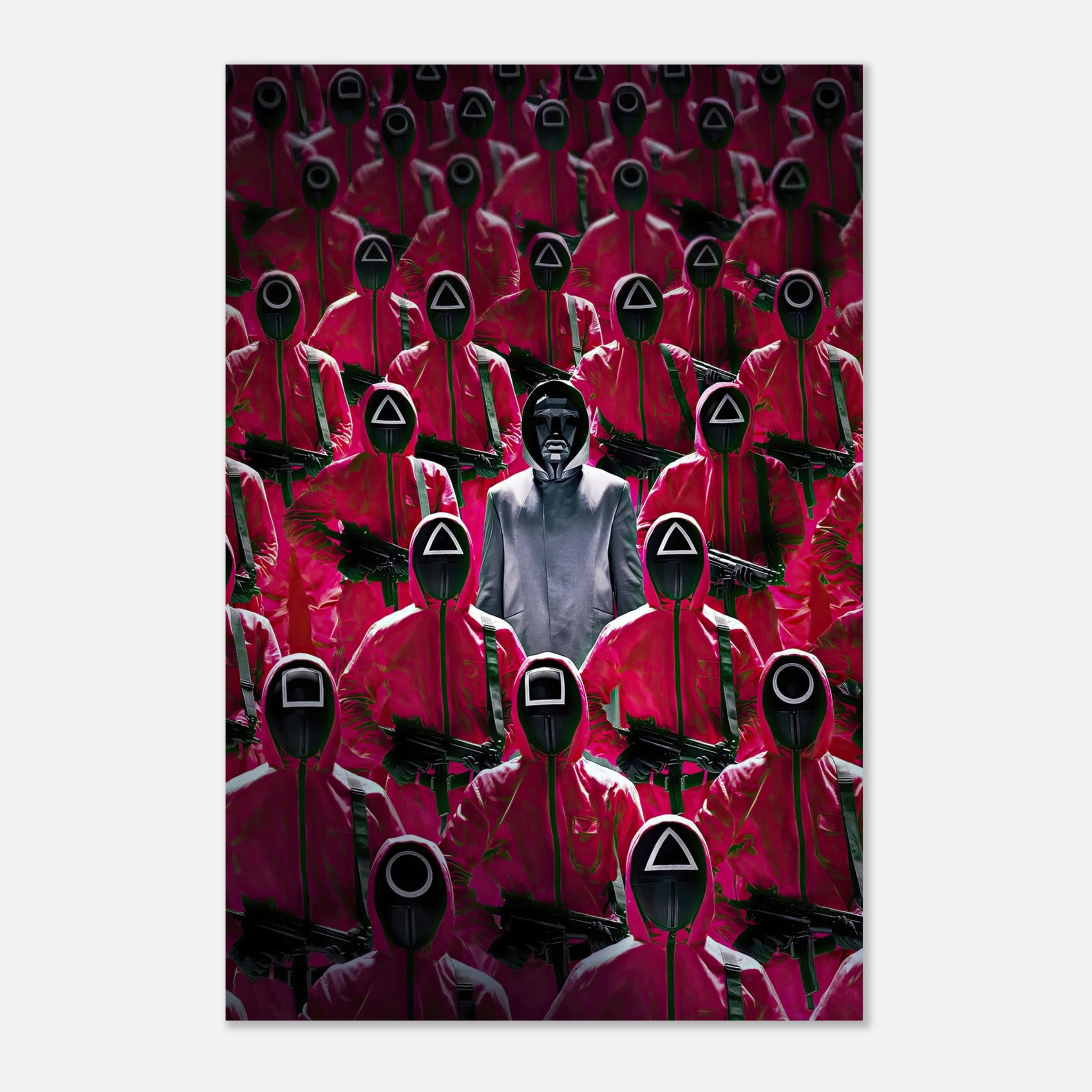 Squid Game Guards Metal Print featuring iconic pink-clad guards and their leader in a dramatic, intense design.