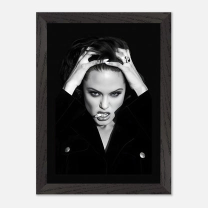 Angelina Jolie smoking vintage framed print, capturing Hollywood glamour and bold attitude in striking black-and-white.