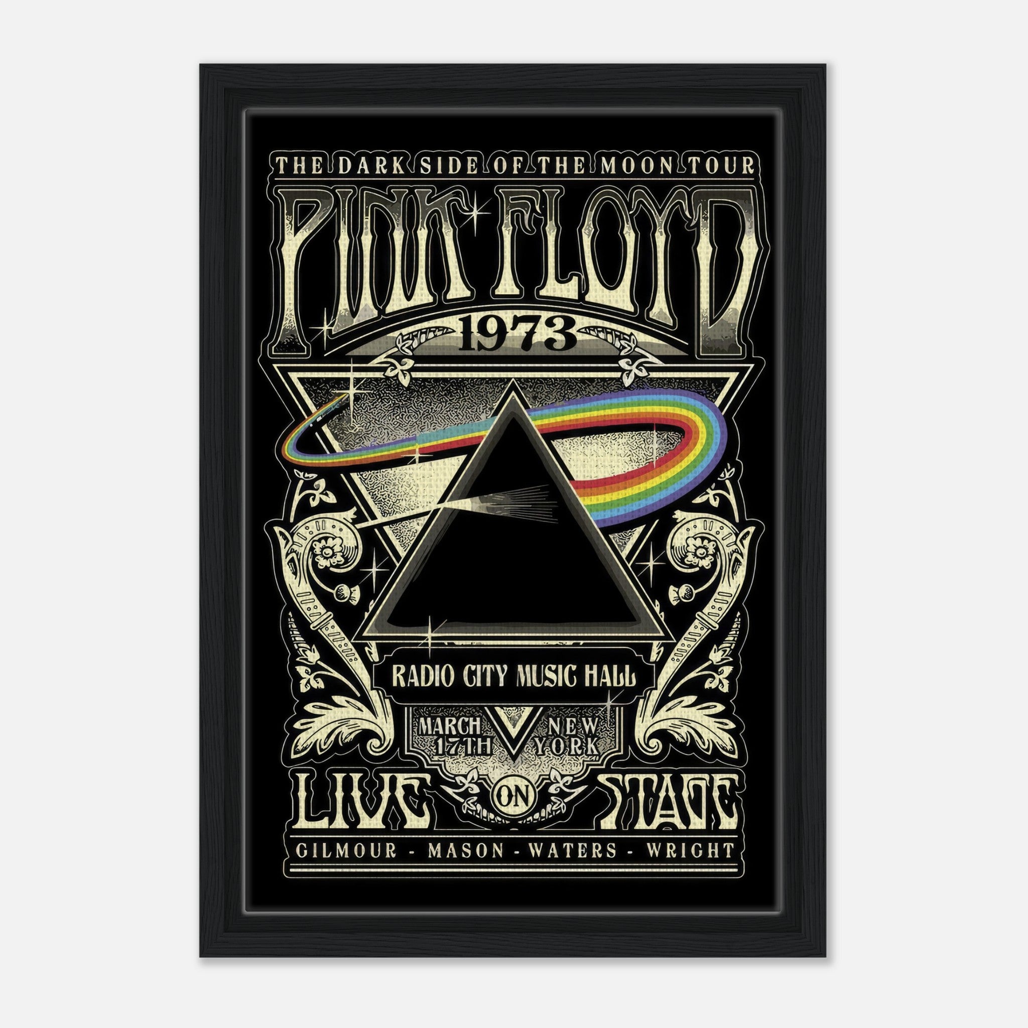 Pink Floyd 1973 The Dark Side of the Moon tour framed canvas print featuring iconic prism design and concert details.