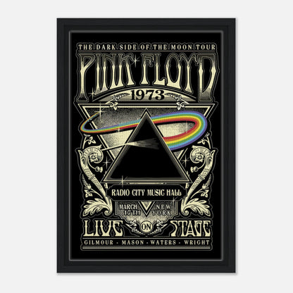 Pink Floyd 1973 The Dark Side of the Moon tour framed canvas print featuring iconic prism design and concert details.