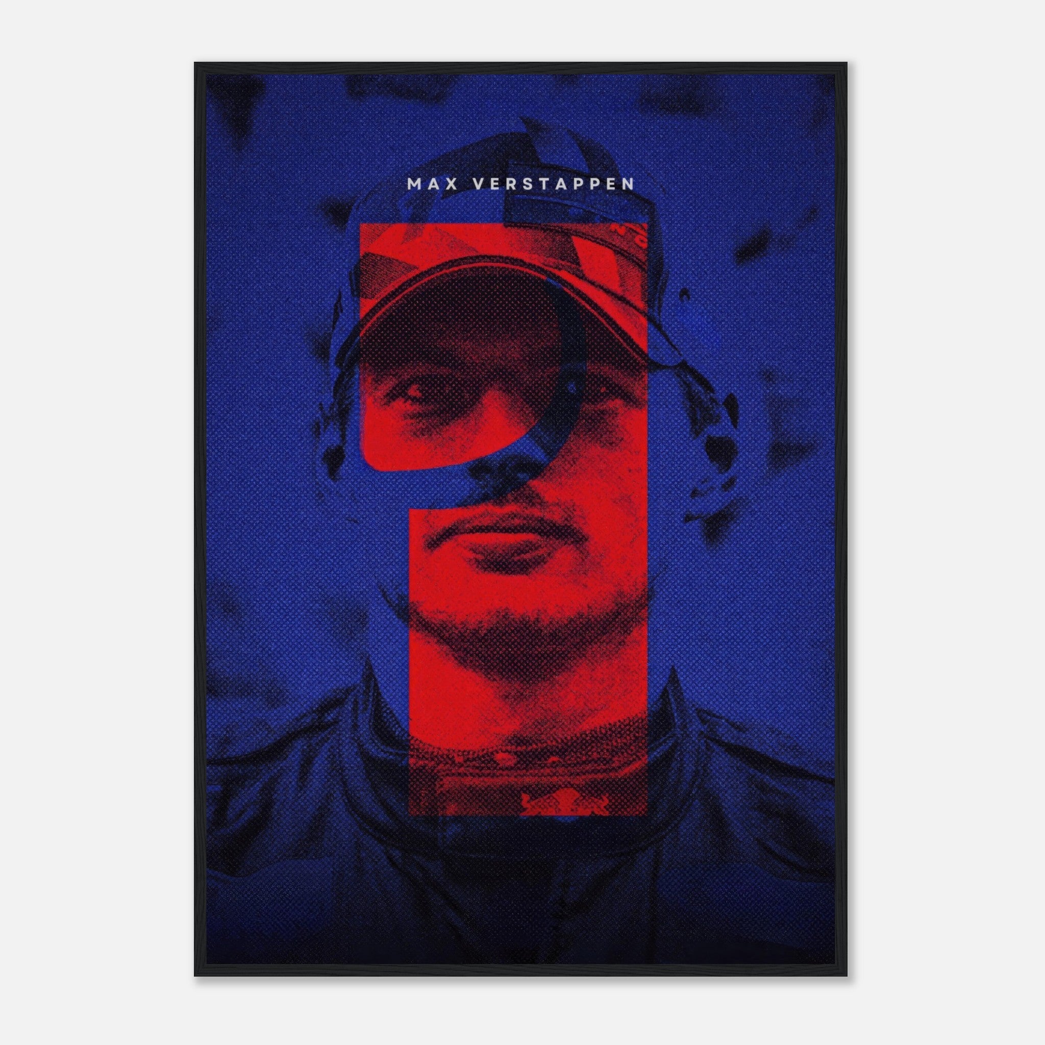 Max Verstappen framed print featuring bold colors and dynamic design, celebrating his championship spirit in Formula 1.