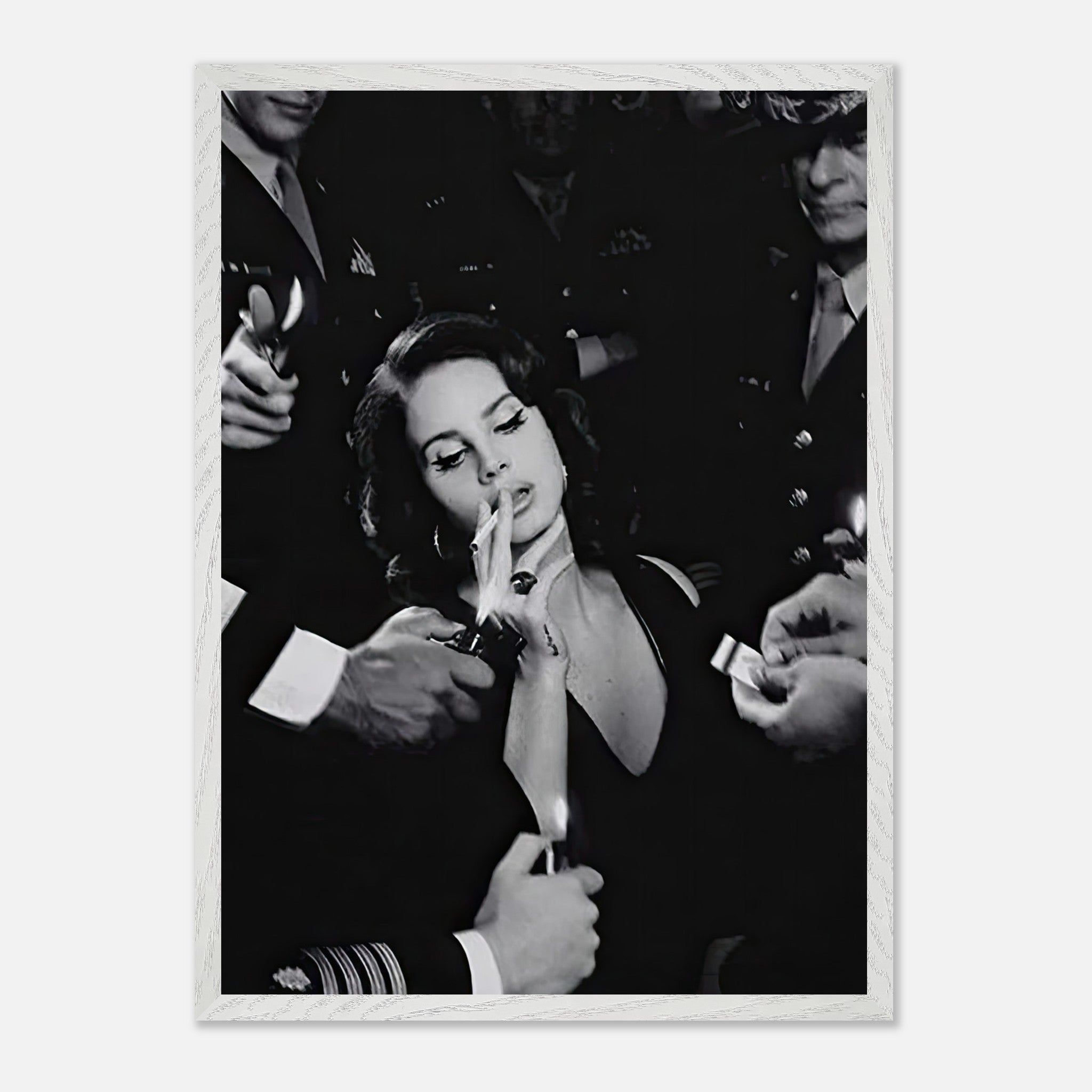 Lana Del Rey vintage black-and-white framed print featuring a sultry woman smoking surrounded by men in uniform.