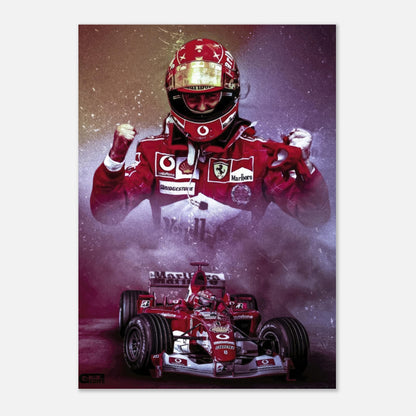 Michael Schumacher poster featuring him in Ferrari suit with F1 car, celebrating his legacy in motorsport excellence.