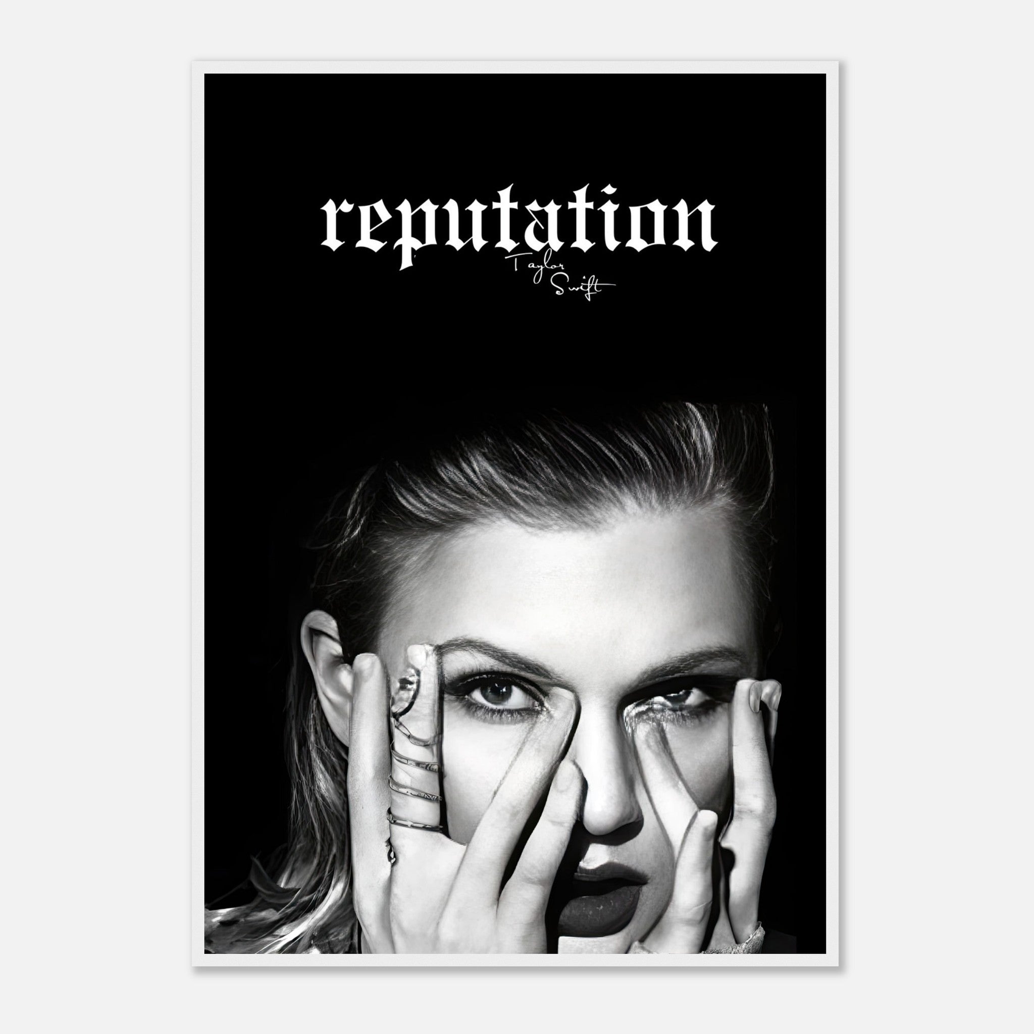 Taylor Swift Reputation framed print featuring black-and-white imagery and bold typography.