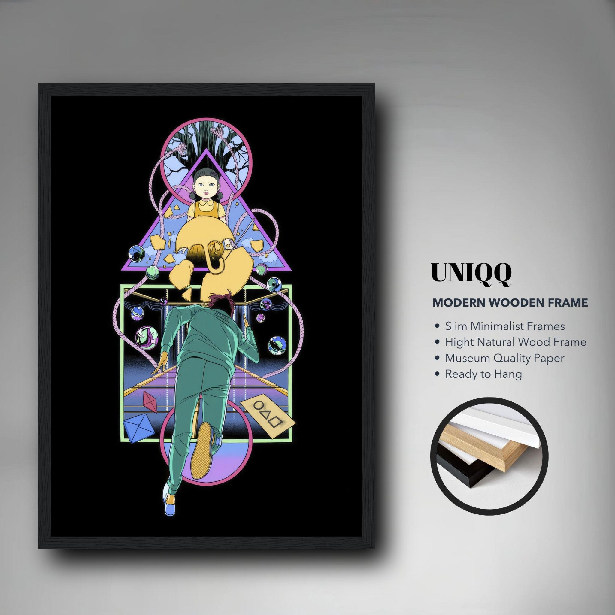 Doll Squid Game framed print featuring the iconic doll and player in a modern wooden frame, ready to hang.