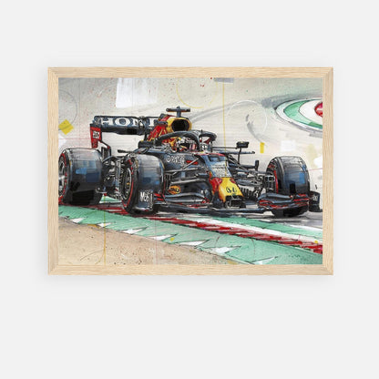 Max Verstappen framed print showcasing Red Bull Racing car in vibrant illustration for Formula 1 enthusiasts.