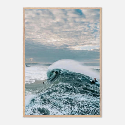 Big Wave Surfing fine art print capturing a surfer riding a colossal wave under a dramatic sky.
