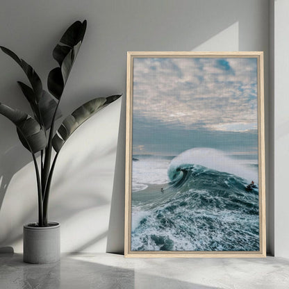 Stunning Big Wave Surfing framed canvas print depicting a surfer riding a massive wave, showcasing ocean beauty.