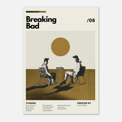 Vintage Breaking Bad poster featuring Walter White and Jesse Pinkman in a minimalist desert scene with bold typography.