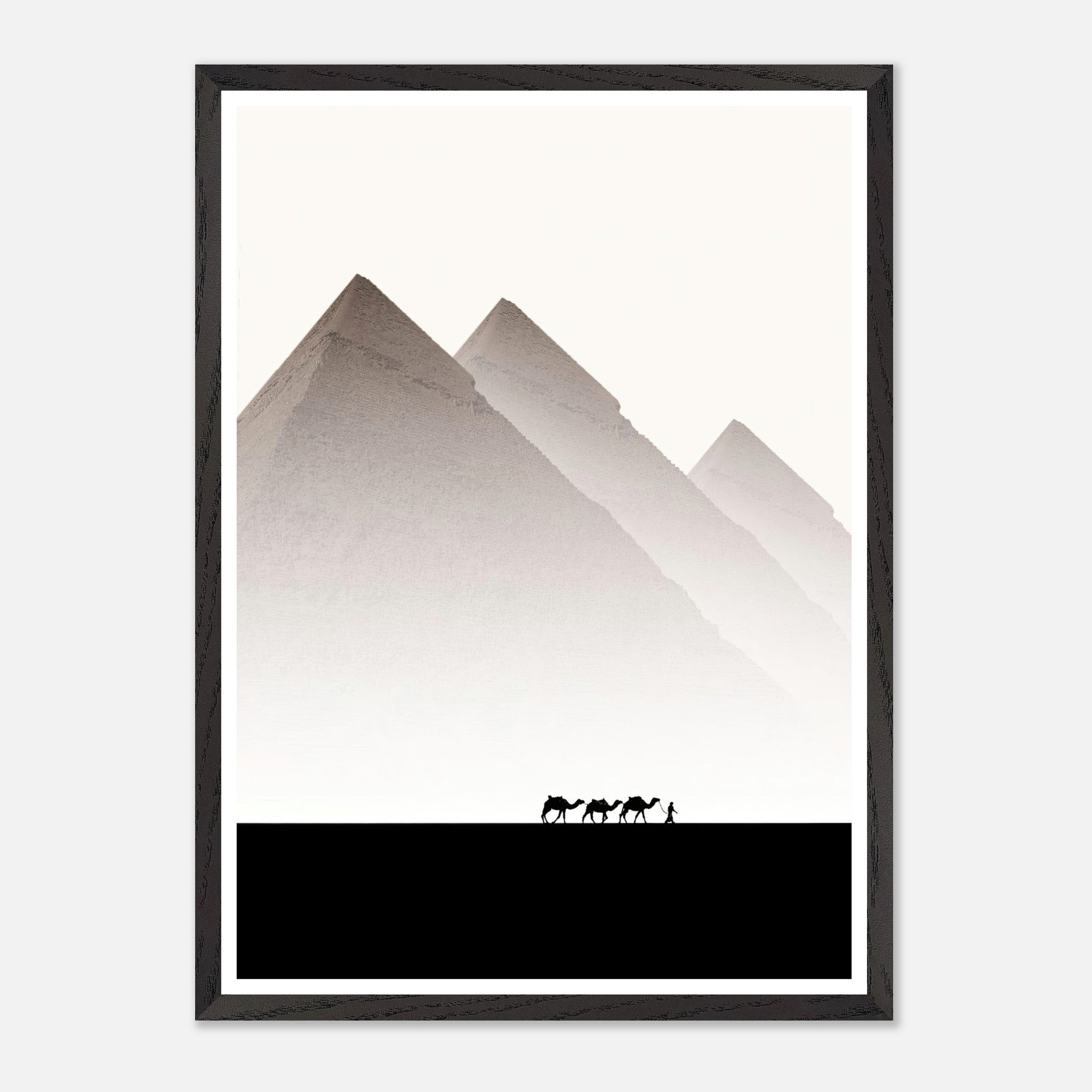 Framed art of the Pyramids of Giza with camels and a guide against a minimalist background. Travel photography decor.