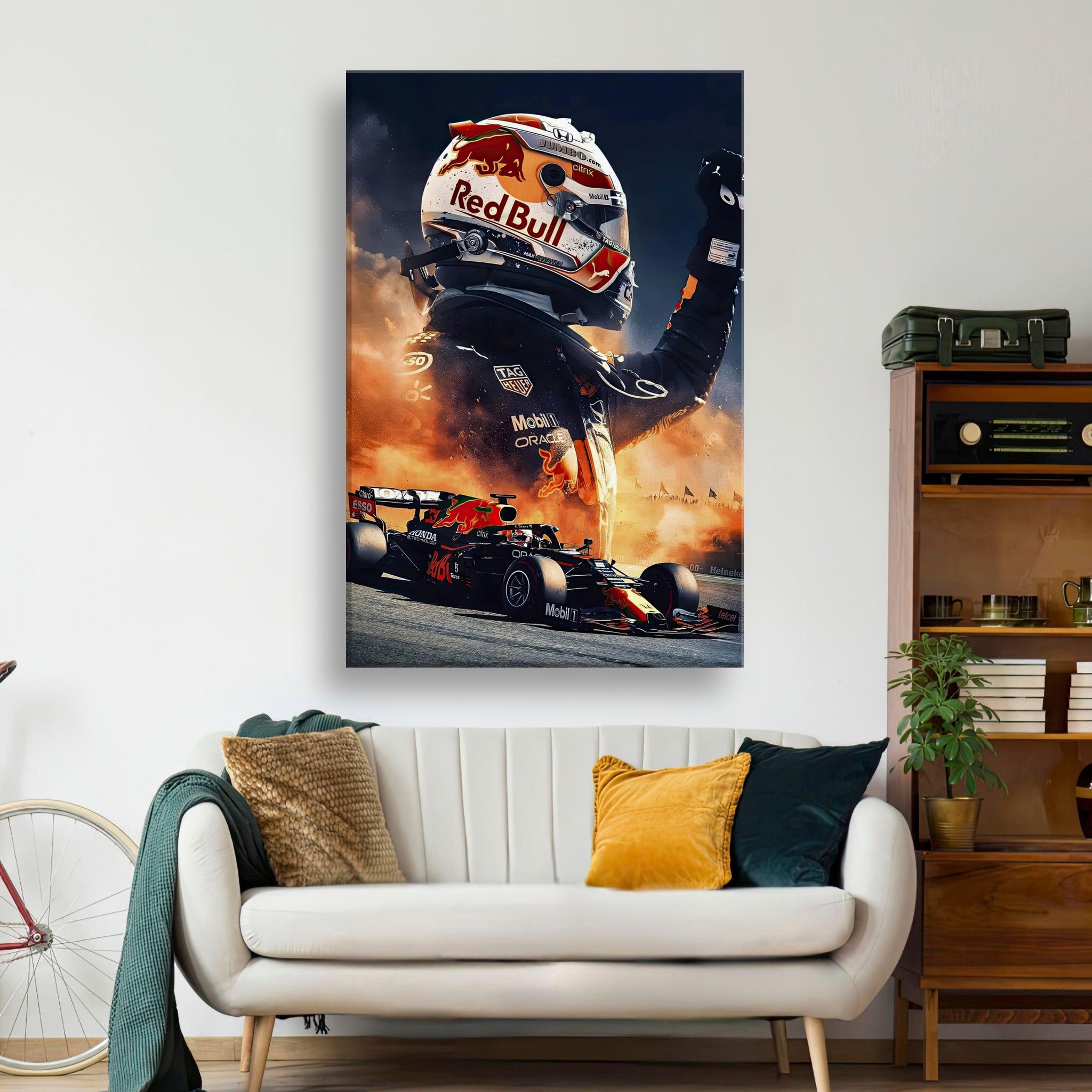 Max Verstappen Red Bull canvas print featuring vibrant Formula 1 artwork in modern living room setting.