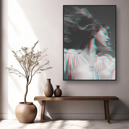 Taylor Swift Black & White framed print showcasing dynamic monochrome design and 3D accents in modern decor setting.