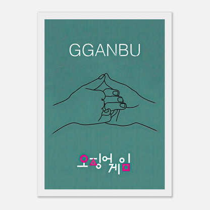 GGANBU Squid Game framed print featuring minimalist design of the iconic handshake on teal background.