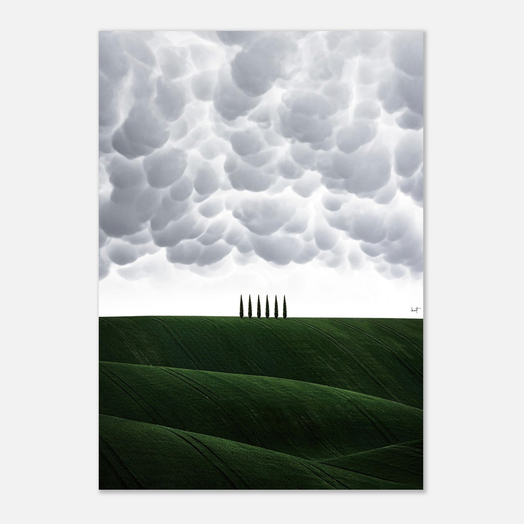 Toscana Italy poster featuring rolling green hills and cypress trees under dramatic cloud formations.