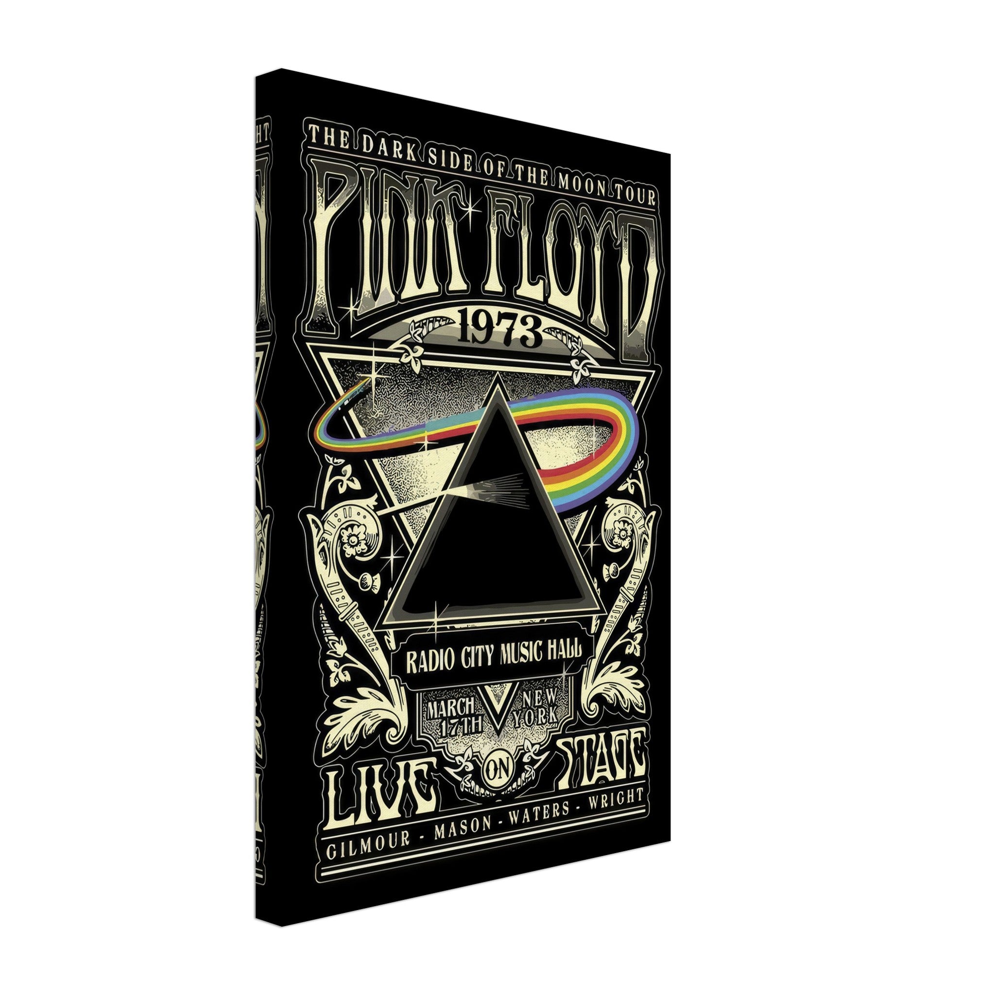 Pink Floyd The Dark Side of the Moon tour canvas featuring prism and rainbow design from 1973 Radio City Music Hall performance.