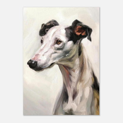 Greyhound dog painting poster showcasing a graceful portrait with soft brushstrokes, perfect for dog lovers' home decor.