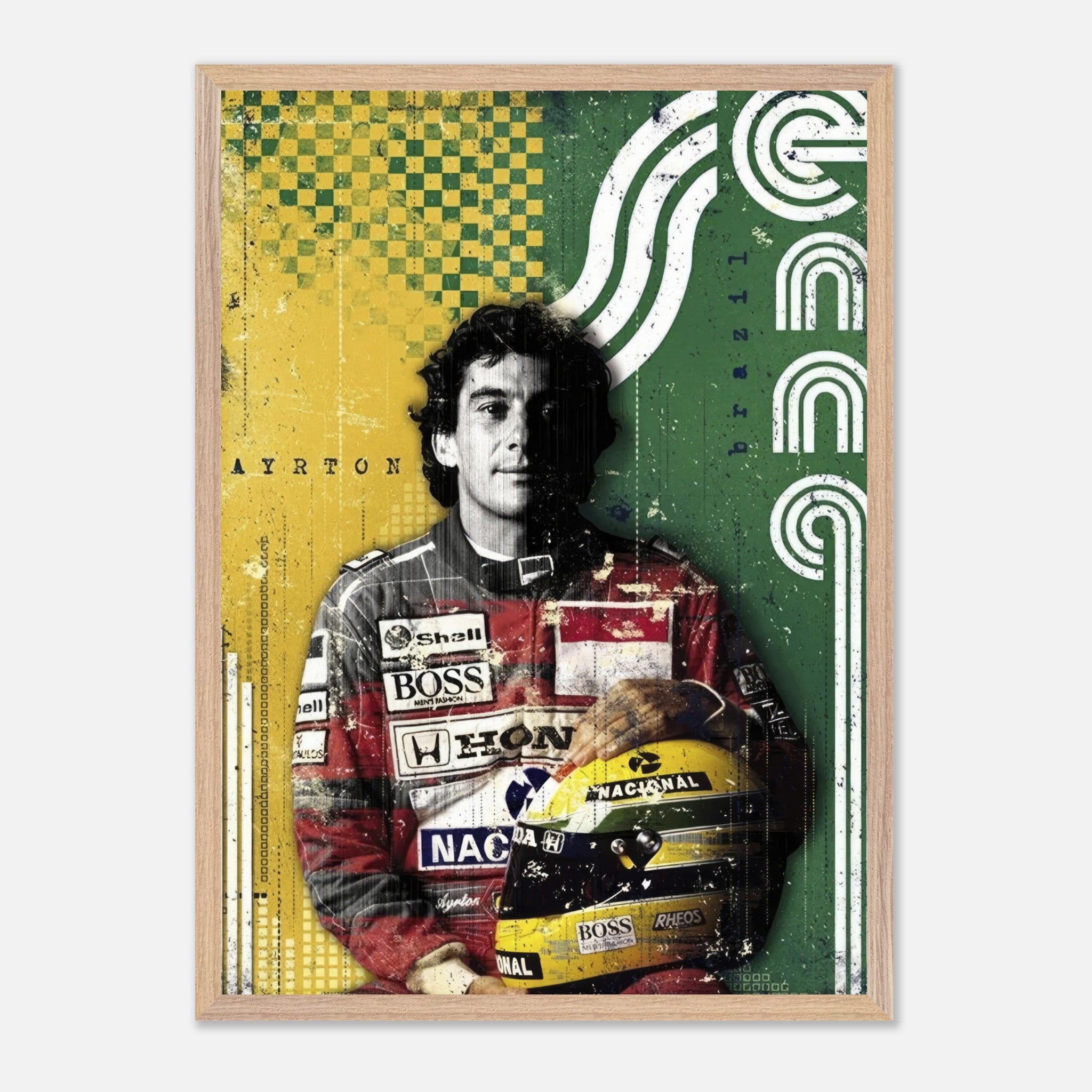 Vintage framed print of Ayrton Senna, showcasing Brazilian colors and retro design, celebrating F1 racing legend.