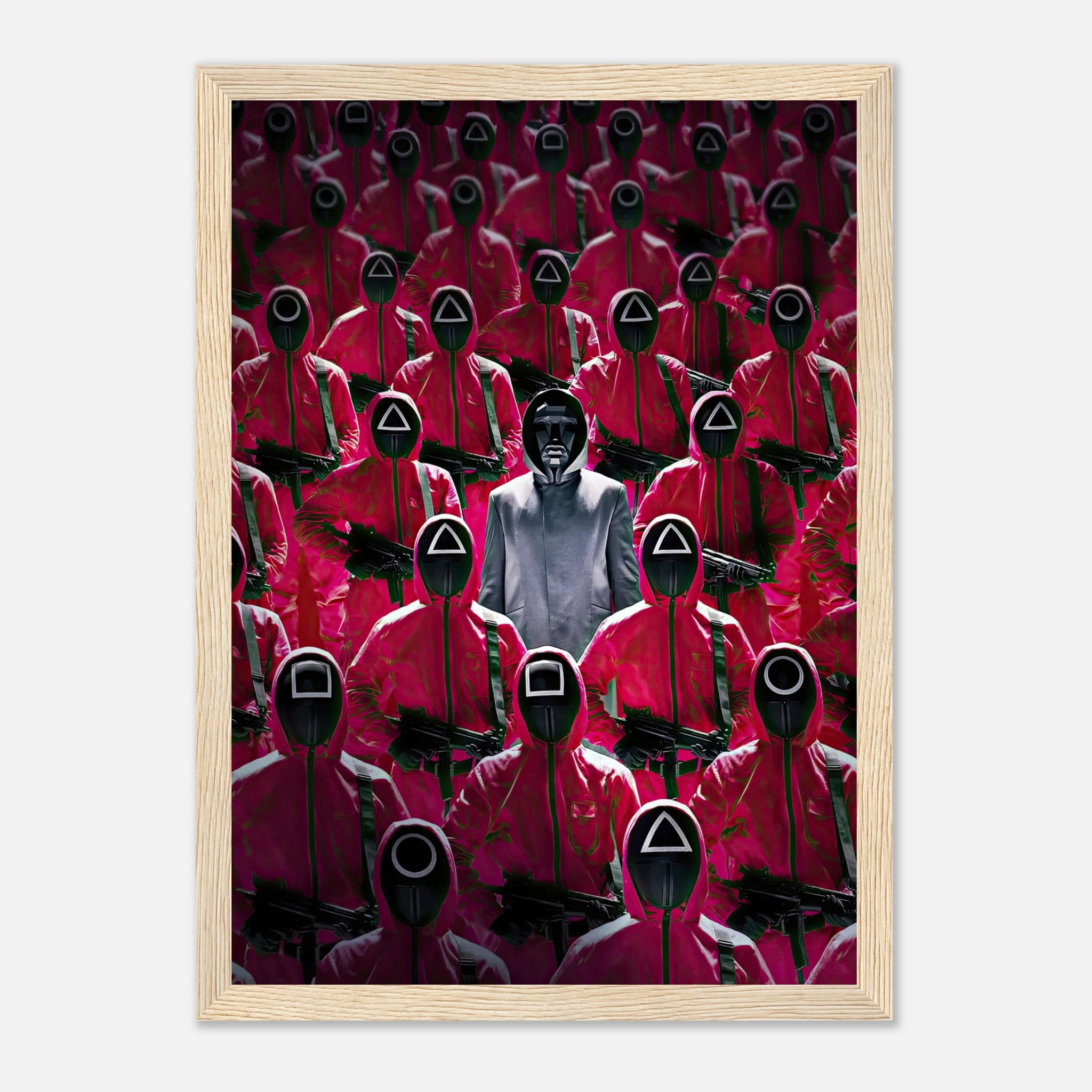 Framed print of Squid Game guards in pink uniforms with their leader, evoking suspense and drama from the series.