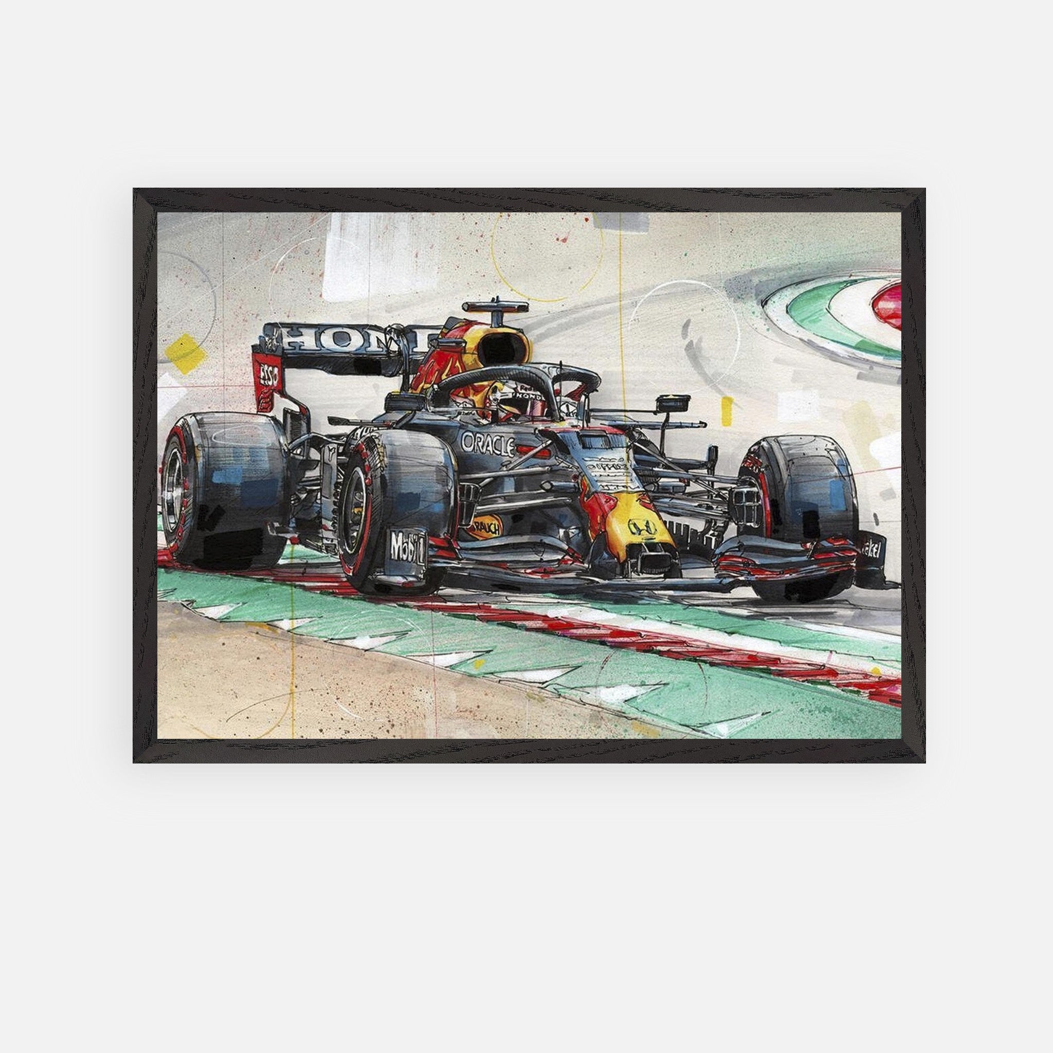 Max Verstappen framed fine art print showcasing his Red Bull racing car on the track, capturing dynamic movement and vibrant colors.