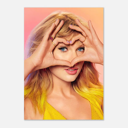 Taylor Swift making a heart shape with her hands, showcasing vibrant style and energy in a colorful poster.