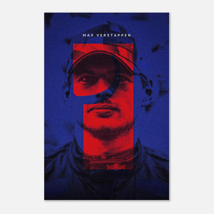 Max Verstappen metal print featuring bold red and blue design, showcasing the F1 driver's intense expression and style.